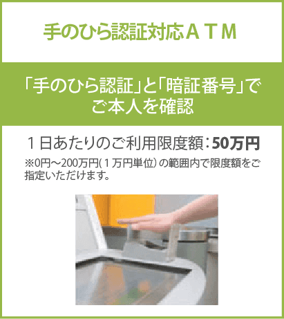 手のひら認証対応ATM　「手のひら認証」と「暗証番号」でご本人を確認　1日あたりのご利用限度額：200万円　※0円～200万円（1万円単位）の範囲内で限度額をご指定いただけます。